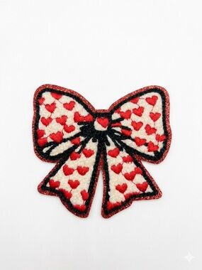 Chenille Heart Bow Iron On Patch - Red and Cream Embroidered Accessory